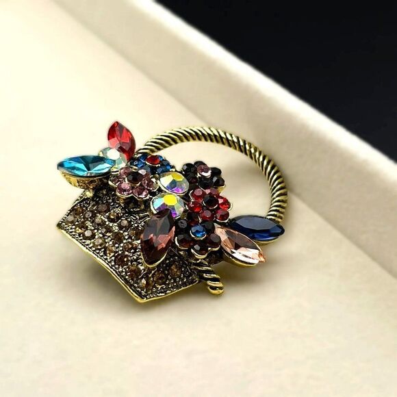 Yellow Gold with Multicolored Crystal Flower Basket Pin Back Brooch - Picture 6 of 7